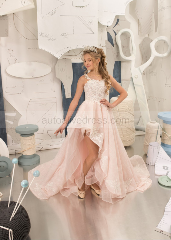 Beaded Lace High Low Flower Girl Dress With Train Beaded Lace High Low Flower Girl Dress With Train